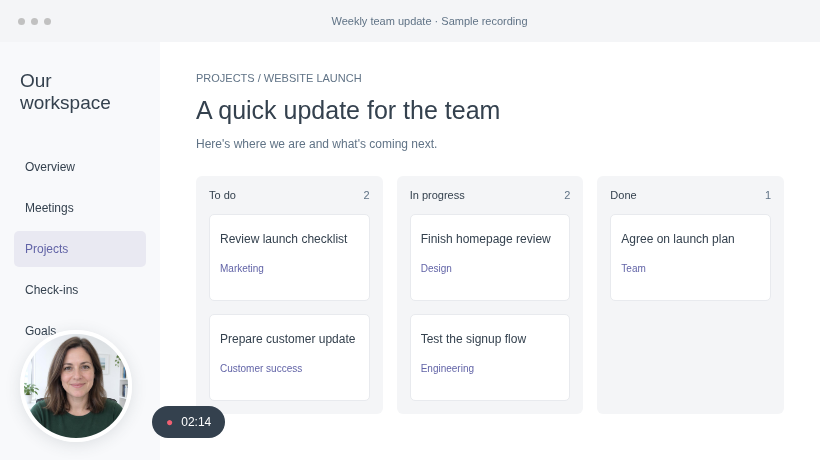 Sample screen recording of a team project update with a webcam bubble and recording timer